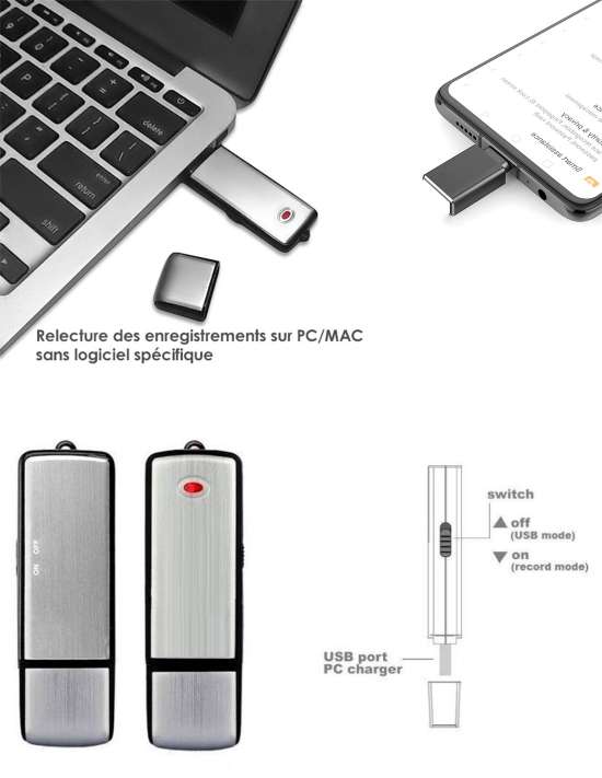 SPY TEC | Micro Espion Enregistreur dans Clé USB - Ultra Longue Autonomie  100 heures d'Enregistrement - jusqu'à 100 jours en Détection de Son 