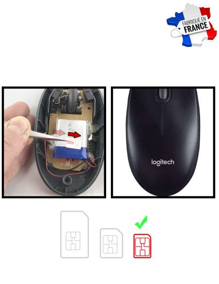 Micro espion GSM - souris d'ordinateur Logitech - carte Sim