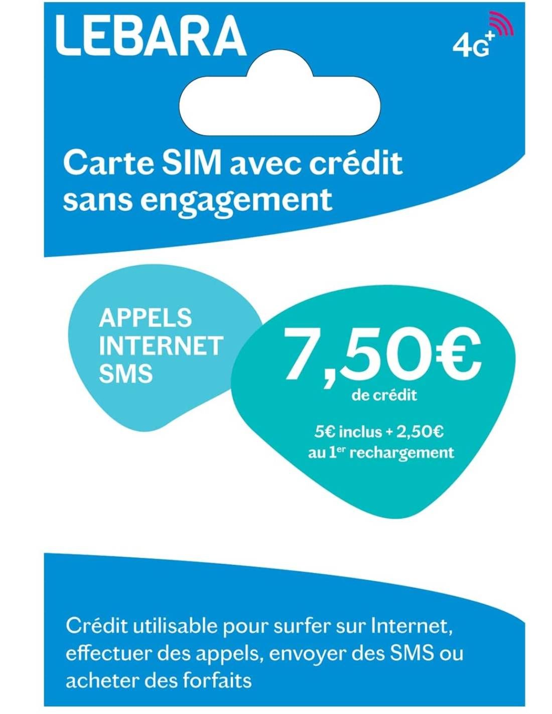 Carte Sim LEBARA Mobile - Appels / SMS / internet - 7.50€ de crédit